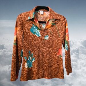 VTG 70s Psychedelic Floral Brown Paisley Nylon Blouse, Mardi Modes, Small